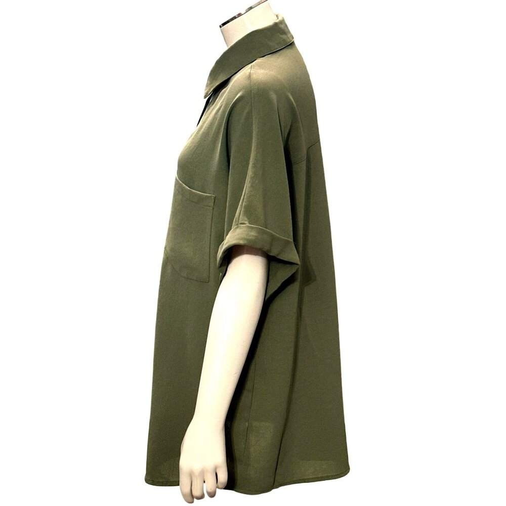 CCC Army Green Chic Henley Short Sleeve Button Up Lapel Shirt All Polyester XLGE - Picture 3 of 10